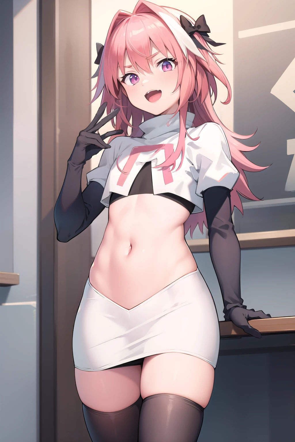 absurdres, masterpiece, best quality, astolfo fate,1boy, male focus, trap, pink multicolored hair, pink hair, white hair, hair intakes, long hair, pink detailed eyes, crossdressing,1boy, team rocket,team rocket uniform,white skirt,red letter R,crop top,black thigh-highs,black elbow gloves, cowboy shot