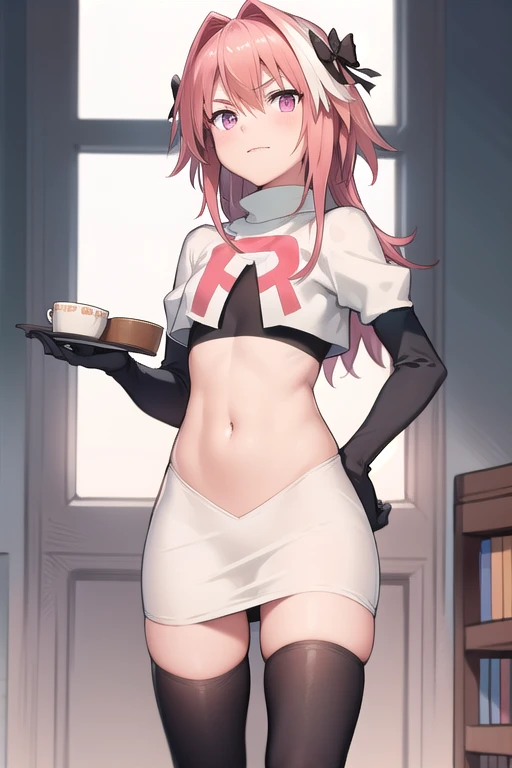 absurdres, masterpiece, best quality, astolfo fate,1boy, male focus, trap, pink multicolored hair, pink hair, white hair, hair intakes, long hair, pink detailed eyes, crossdressing,1boy, team rocket,team rocket uniform,white skirt,red letter R,crop top,black thigh-highs,black elbow gloves, cowboy shot