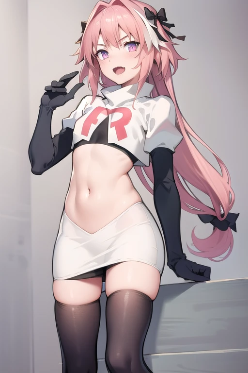absurdres, masterpiece, best quality, astolfo fate,1boy, male focus, trap, pink multicolored hair, pink hair, white hair, hair intakes, long hair, pink detailed eyes, crossdressing,1boy, team rocket,team rocket uniform,white skirt,red letter R,crop top,black thigh-highs,black elbow gloves, cowboy shot