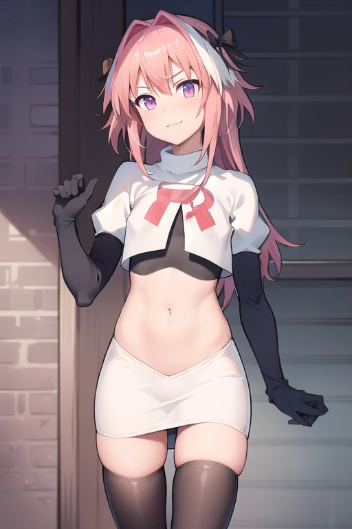 absurdres, masterpiece, best quality, astolfo fate,1boy, male focus, trap, pink multicolored hair, pink hair, white hair, hair intakes, long hair, pink detailed eyes, crossdressing,1boy, team rocket,team rocket uniform,white skirt,red letter R,crop top,black thigh-highs,black elbow gloves, cowboy shot