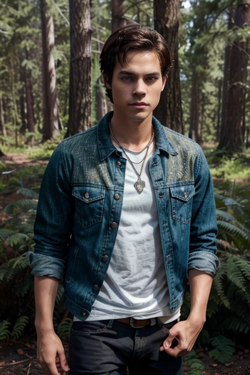 Dylan O'Brien, Stiles Stilinski, Teen Wolf, 18 years old, short messy dark brown hair, honey eyes, open green denim jacket, light brown fox print shirt, blue denim jeans with silver belt, fox pendant , black sneakers with white fox print. forest background fox aura around black color
