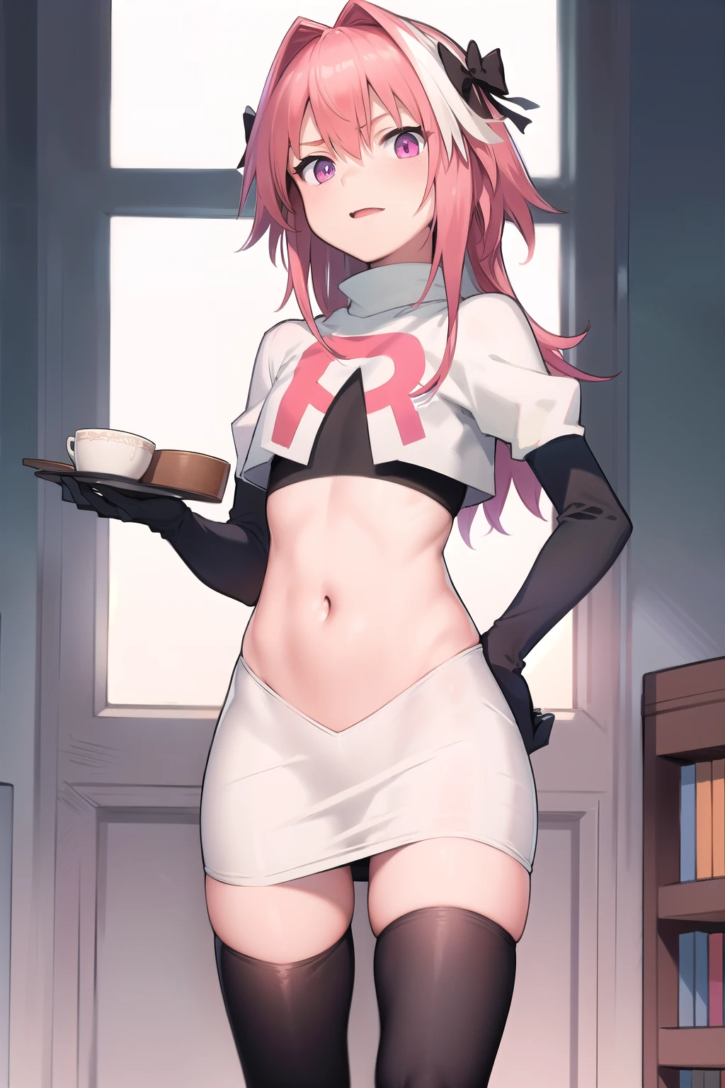 absurdres, masterpiece, best quality, astolfo fate,1boy, male focus, trap, pink multicolored hair, pink hair, white hair, hair intakes, long hair, pink detailed eyes, crossdressing,1boy, team rocket,team rocket uniform,white skirt,red letter R,crop top,black thigh-highs,black elbow gloves, cowboy shot