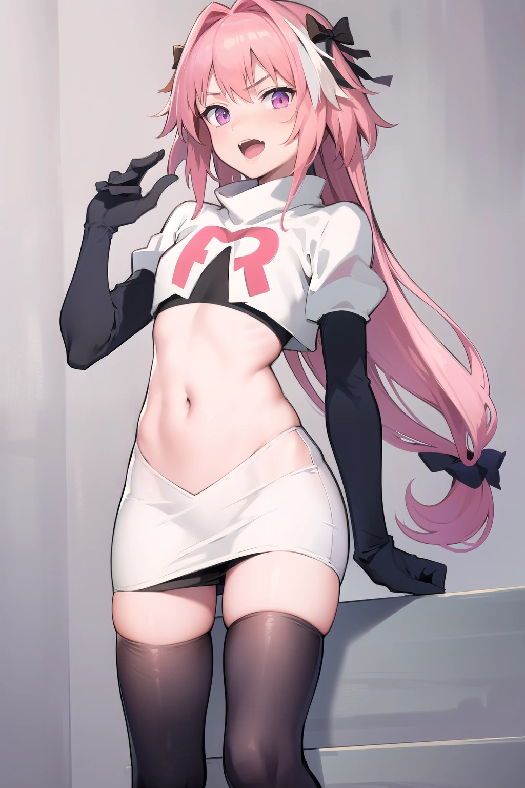 absurdres, masterpiece, best quality, astolfo fate,1boy, male focus, trap, pink multicolored hair, pink hair, white hair, hair intakes, long hair, pink detailed eyes, crossdressing,1boy, team rocket,team rocket uniform,white skirt,red letter R,crop top,black thigh-highs,black elbow gloves, cowboy shot