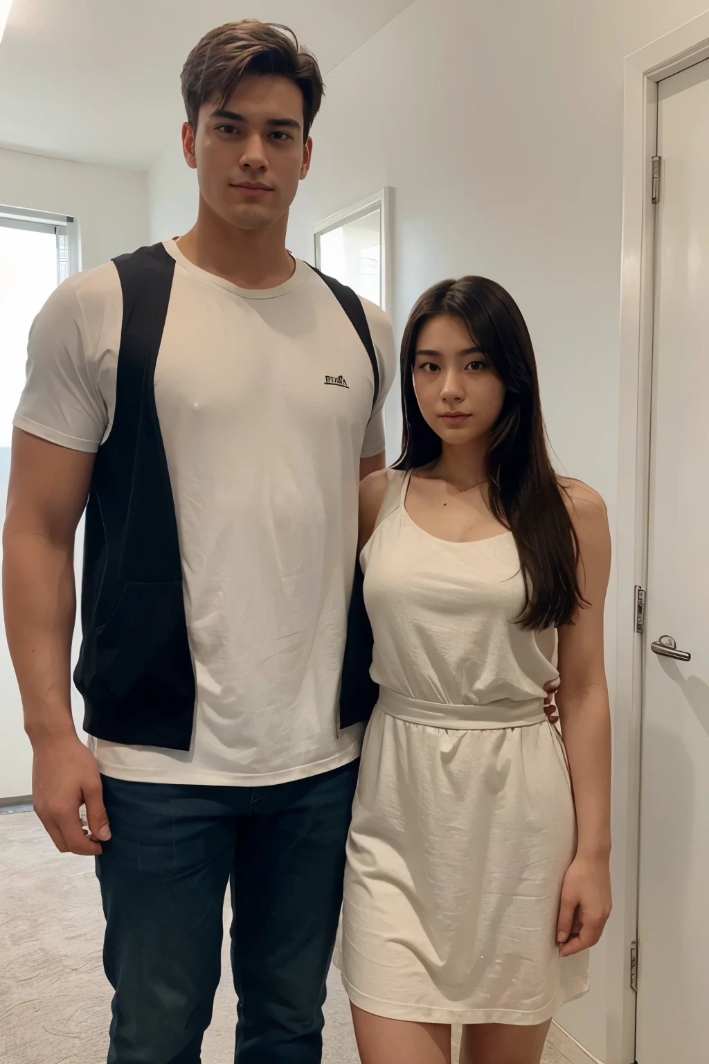 A male with narrow shoulders 172cm height is standing beside a female with broad shoulders 152cm height