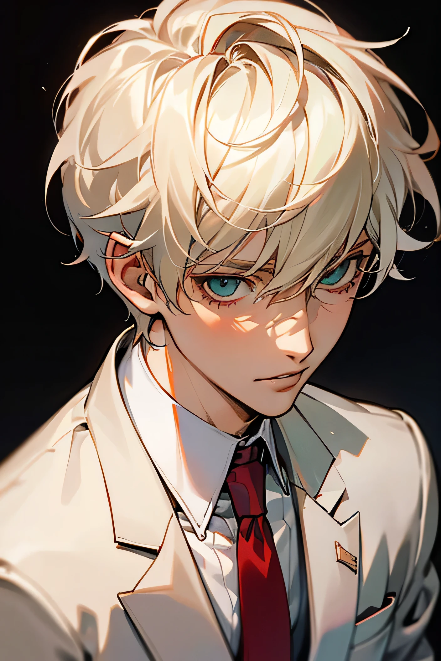 18 year old boy, handsome, hot. platinum blonde hair, light green eyes. white dress shirt, no blazer or jacket, red tie. soft features. closeup shot. detailed eyes.