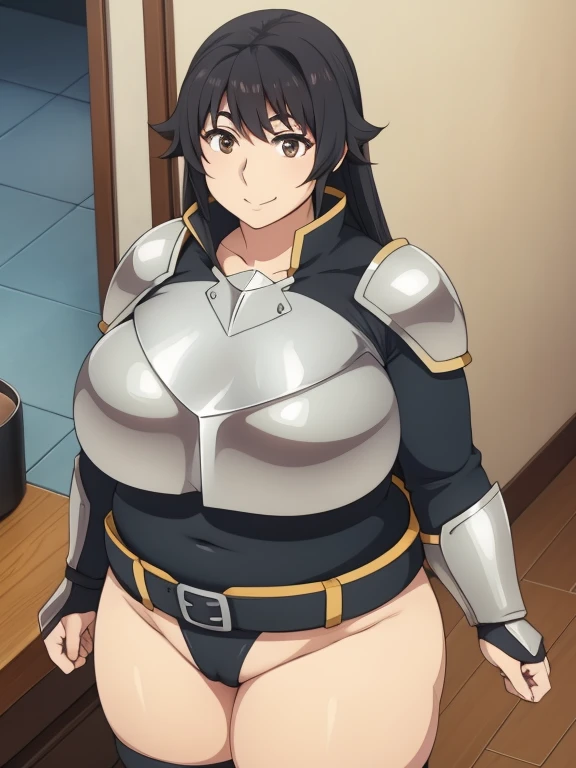 Plump black hair brown eyes happy smile big plump Big breast 21 year longer hair leotard armor