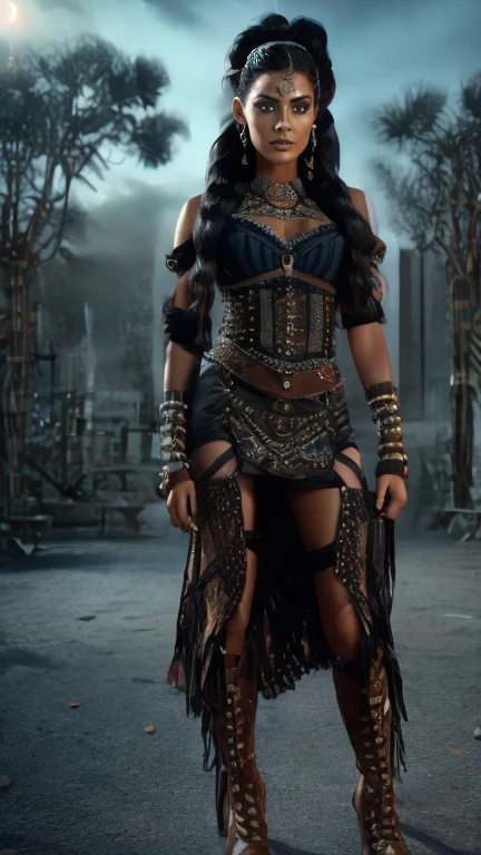 8k ultra realistic photography of a Native American woman with long legs and a sporty figure, Native American woman wearing a short-sleeved shirt with a leather corsage and a lace Long Maxi skirt and fishnet stockings and high heels boots, Native American woman has a crazy braided hairstyle, Native American woman stands forward in a moving full body pose a fantasy tree, photo background at night with moonlight
