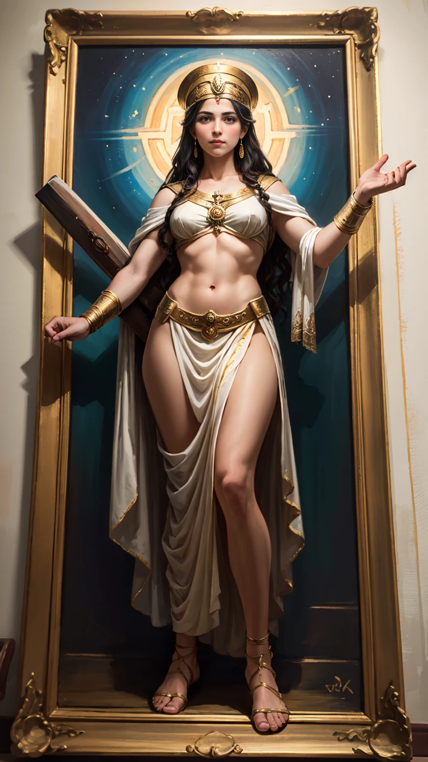 A painting of the goddess athena in the style of greek orthodox paintings, full body view, 16K, ultra high res.photorealistic, UHD, RAW, DSLR, natural Lighting, Sharp Focus