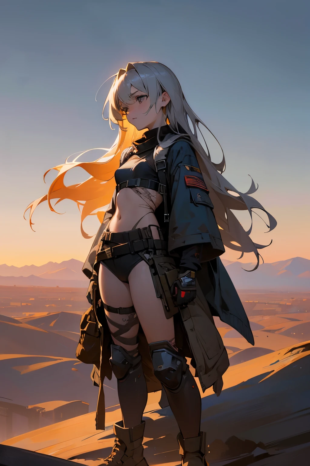 Artistic masterpiece, full-body shot, Transitioning to a desert landscape at sunset, a solitary figure strides, a stunning 19-year-old American ager emerges wearing breathtaking post-apocalyptic nomadic attire. Her fair skin glows under the setting sun, long golden hair flows loose, silver-gray eyes pierce the vastness, numerous battle scars mark her face, a lean runner's body contrasts small breasts, an extremely detailed, ultra-realistic, fine and beautiful, clean yet exhausted face portrays a youthful appearance.
The post-apocalyptic clothes consist of multiple layers of frayed fabric, unconventional