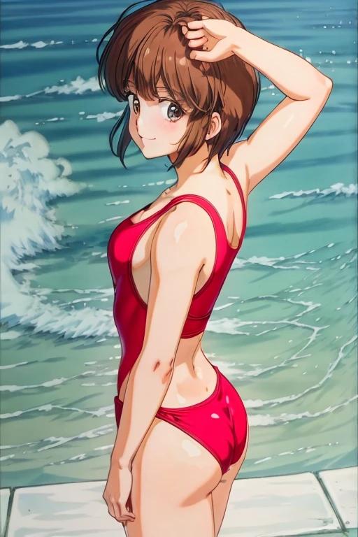 (Masterpiece)), 8k wallpaper,solo, hiyama hikaru, Standing,from side,ass, smile,blushing, wearing only a basic swimsuit and pumps, The shoulder area of the swimsuit is a tank top type without decoration, The waist of the swimsuit is a high-cut leotard type The surface of the swimsuit is slippery.