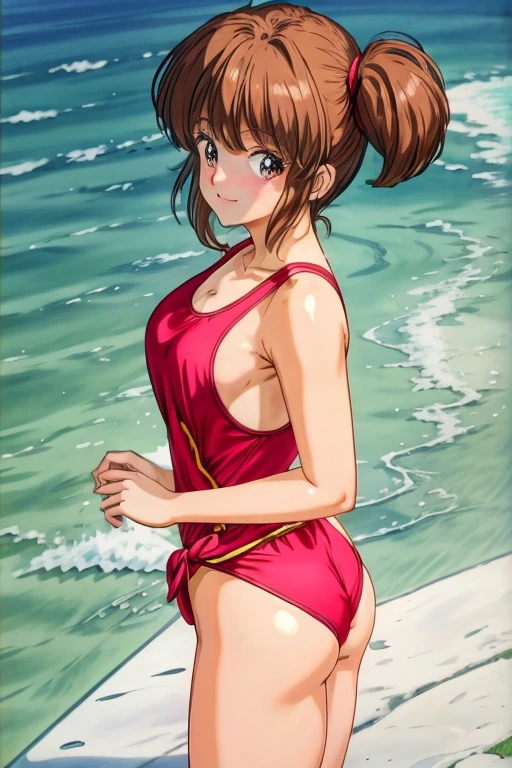 (Masterpiece)), 8k wallpaper,solo, hiyama hikaru, Standing,from side,ass, smile,blushing, wearing only a basic swimsuit and pumps, The shoulder area of the swimsuit is a tank top type without decoration, The waist of the swimsuit is a high-cut leotard type The surface of the swimsuit is slippery.