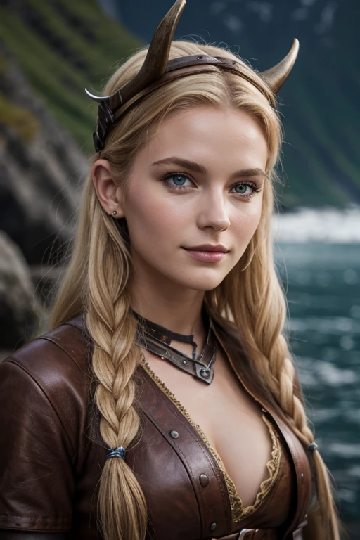 Jeune femme de 25 ans, visage fin, cheveux long, cheveux blonds, couronne de fer, yeux marrons, HD, 8K, masterpiece, sourire romantique, sexy, tenue viking, outfit made of leather and metal, dans un fjord, village viking, de nuit, Milky Way, tatouage viking