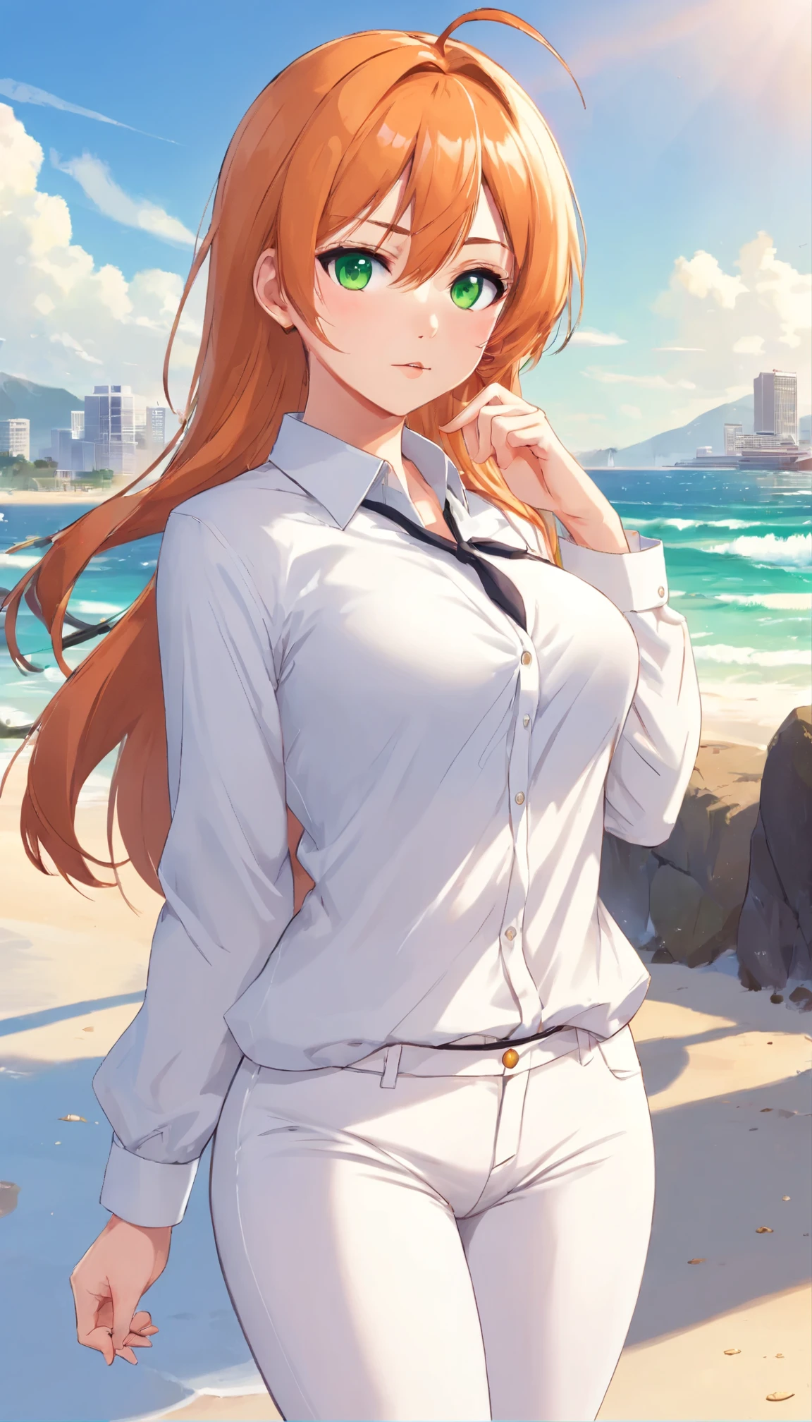(masterpiece, Best quality), 8K, ultra detailed, realistic photo, Detailed face, perfect lighting, green eyes, bright orange hair, bright hair, fox ears, nice legs, side photo, beautiful, Cute, skin pores, 1 girl, perfect shirt, fully dressed, beautiful women 30 years old, Beautiful proportions, Russian woman, Caucasian, European, Business lady, stunningly beautiful woman, mother, thick legs, show ass, big breasts, (Thin white shirt:1.4), thick, hot, (White Office Wear:1.4), tight pants, (wide hips:1.2), thick, (white Office pants:1.3), spread your legs, Legs open, full length, wide hips, Glasses, with long orange hair, standing on the beach near the ocean, green eyes detailed digital anime art, cat ear, anime girl with long hair, гладкое аниме cg art, anime girl with long hair, digital anime art, work in Guweiz style, Beautiful anime portrait, Photorealistic render of an anime girl, pantyhose, Beautiful anime girl, advanced digital anime art, guweiz на artstation pixiv HD UHD HQ