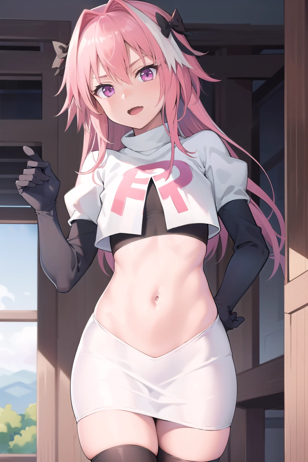 absurdres, masterpiece, best quality, astolfo fate,1boy, male focus, trap, pink multicolored hair, pink hair, white hair, hair intakes, long hair, pink detailed eyes, crossdressing,1boy, team rocket,team rocket uniform,white skirt,red letter R,crop top,black thigh-highs,black elbow gloves, cowboy shot