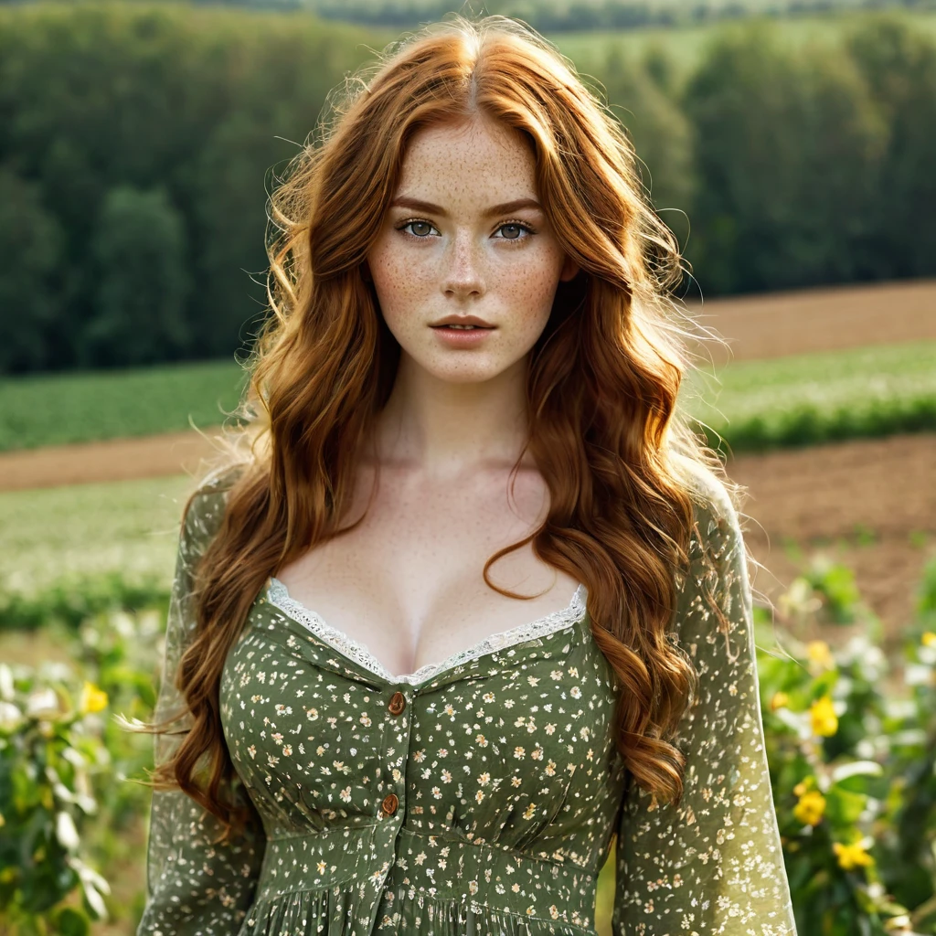 Luma is a elegant person, she is beautiful And have a strong posture, she has breasts that have a voluminous proportion, a pear feminine silhouette, Auburn hair, long Auburn hair, She has expressive eyes, ( Only eyes olive green) Her skin is fair and she has some light freckles on her cheek bones, busty, Farm, Brown rustic clothes, boho clothes, farm boho fashion clothes, romantic vibes, fire lights, fire sparkles, flowers clothes the hair to be half straight and half with curled ends cartoon