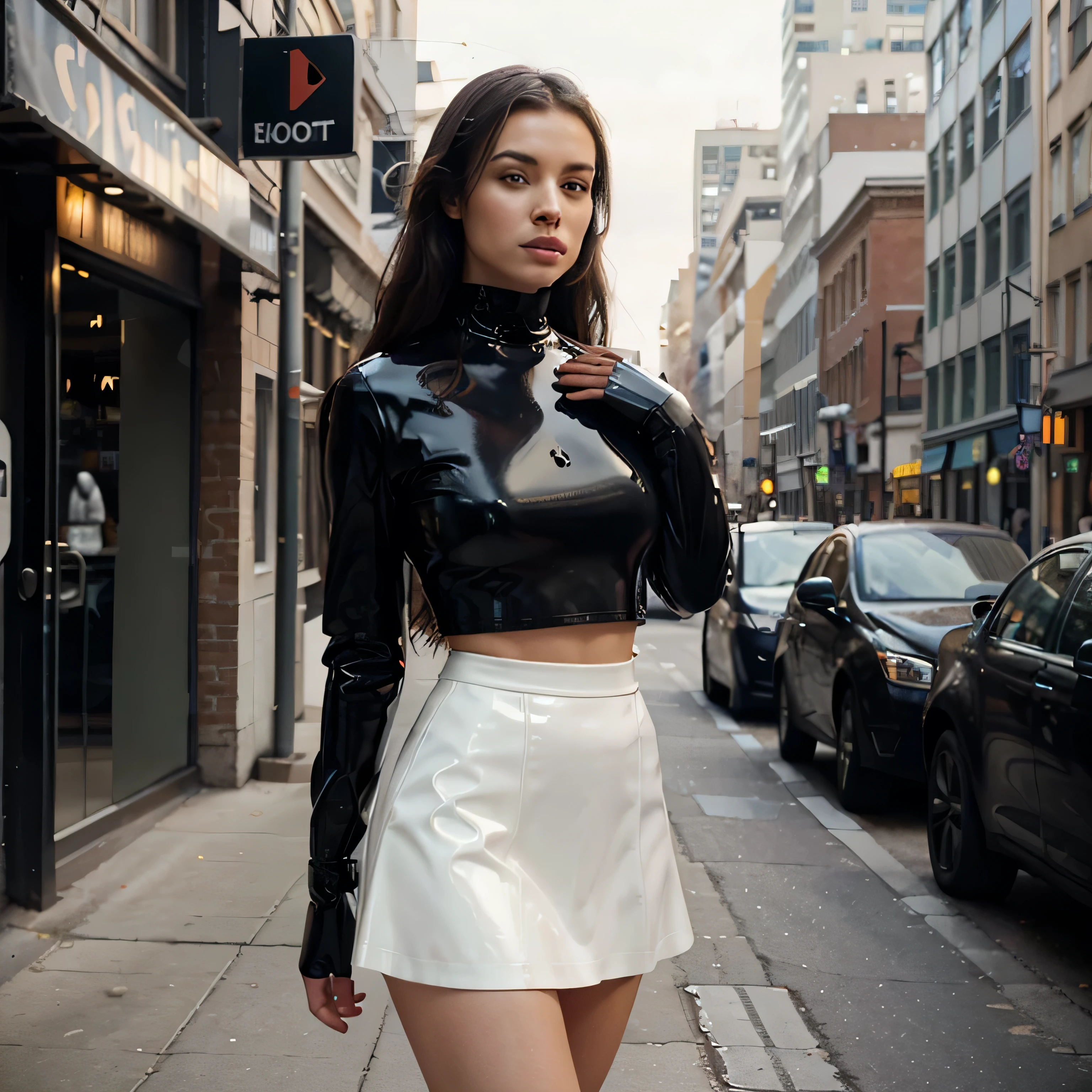 Create a realistic photograph of a girl wearing a reel latex skirt, standing confidently in a stylish urban setting. The image should capture her from a flattering angle, emphasizing the glossy texture and sleek fit of the latex skirt. The lighting should be natural, highlighting the shine of the latex. Include elements like modern architecture, city streets, or a trendy café to enhance the chic, fashionable atmosphere. The girl should exude confidence and poise, making her the focal point of the image.