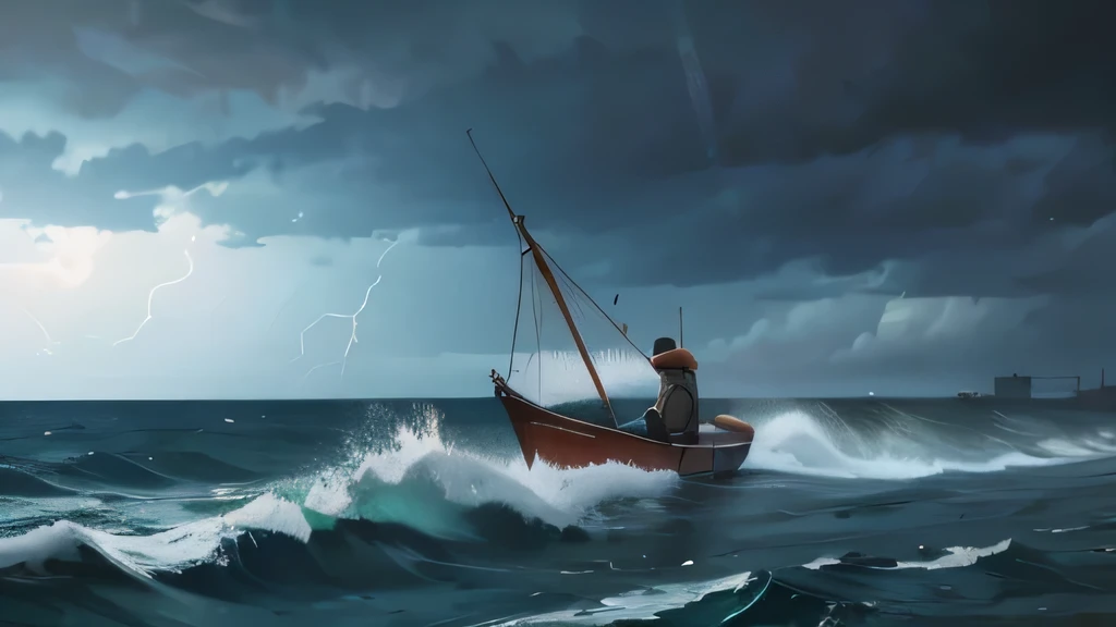 small boat for a single fisherman dressed in old brown clothes in the middle of a storm at sea