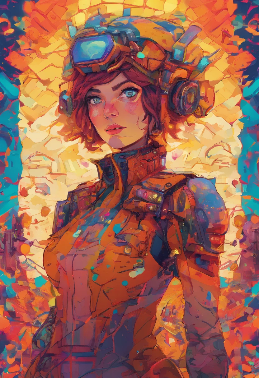 masterpiece, best quality, , (solo), 1girl, look up, dim light, , Horizon_(apex legends), goggles, blue eyes, brown hair, gauntlets, shoulder armor, headwear, (freckles:0.5), , (science_fiction), outdoors, street, neon lights, cyberpunk, gothic face, blue eyes , detailed face