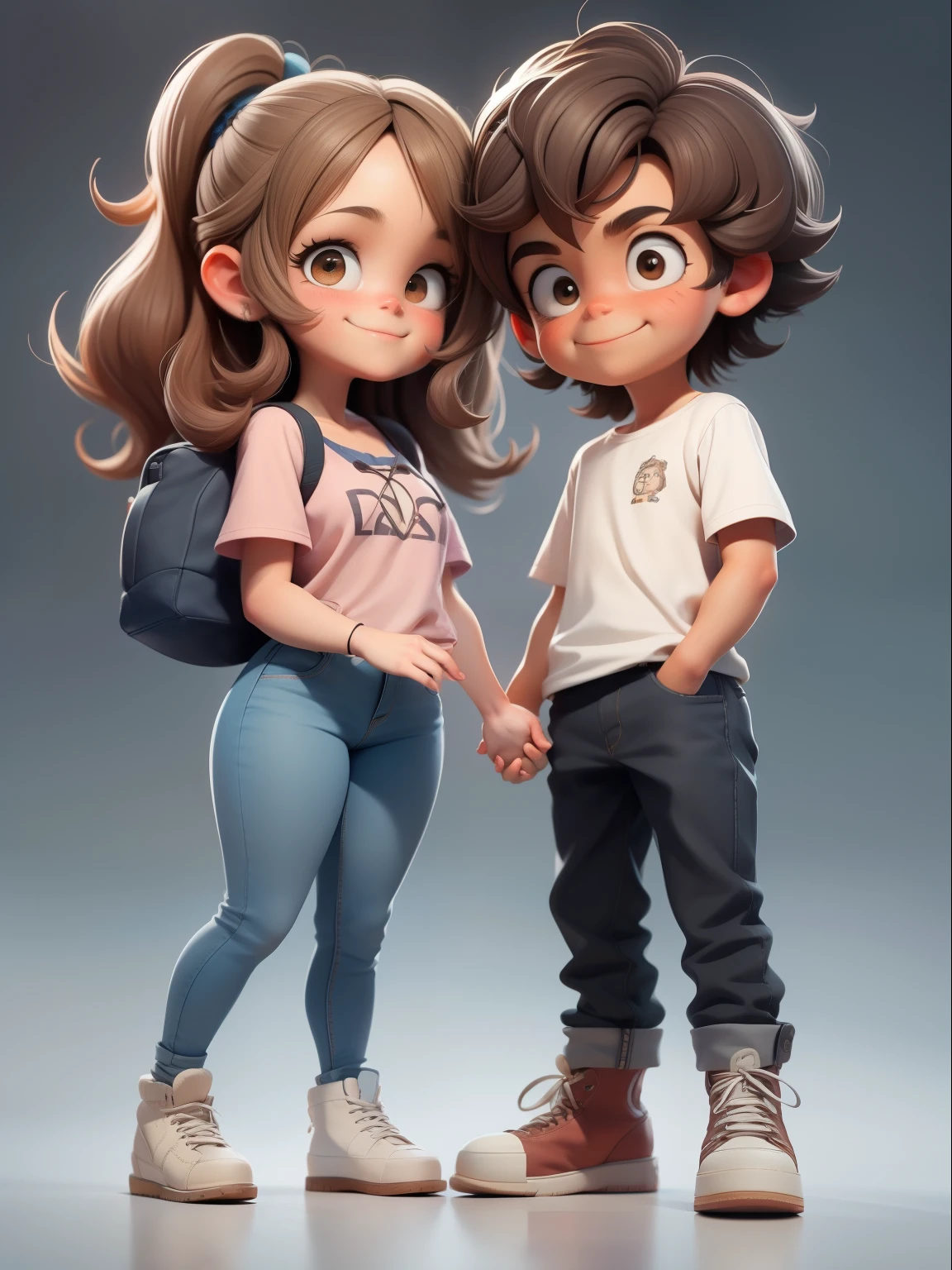 2 joyful people(1 guy and 1 girl), holding hands, Brother and sister, Love, friendship, chubby, brown-eyed, very shaggy tousled brown hair, white shirt and jeans, lace-up boots, smile at each other; whole body, realistic skin, Realistic eyes, Same height, Modern, High quality textures, very detailed, Anatomical Realism of Hands, Fantastic cutie, funny, IP design, Clean 3D rendering of bright backgrounds, OC rendering, 8K, мягкий focus, Ultra-Thin Glossy Detail --Air 3:6 50 --q 2 --niji 5 --expressive style --s 2
