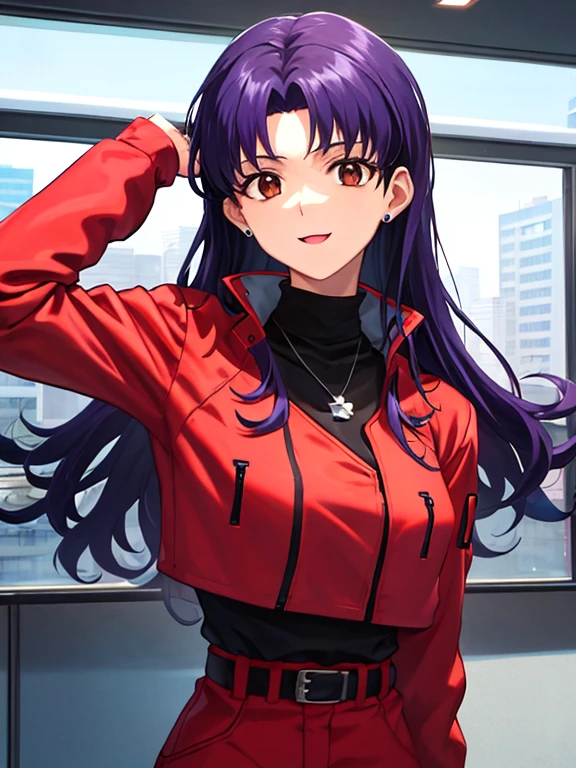 mesa, mejor calidad, Muy detallado_nffsw_unidad_8K_ fondo de pantalla, Muy detallado _ Eyes, evangelion: 3.0 tu puedes \ (no \) Rehacer, chica, Solo, Misato Katsuragi, Brown eyes, by indigo, pechos grandes, collar con una cruz, chaqueta roja, mujer madura, older, parte superior del cuerpo,