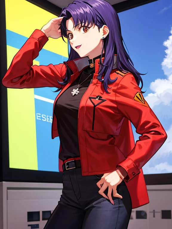 mesa, mejor calidad, Muy detallado_nffsw_unidad_8K_ fondo de pantalla, Muy detallado _ Eyes, evangelion: 3.0 tu puedes \ (no \) Rehacer, chica, Solo, Misato Katsuragi, Brown eyes, by indigo, pechos grandes, collar con una cruz, chaqueta roja, mujer madura, older, parte superior del cuerpo,