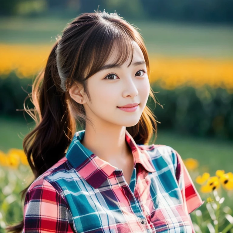 Asian girl Arav in a plaid shirt standing in a field, There is a woman,Gorgeous Chinese model, หญิงKorean girlที่งดงาม, Tzuyu from two times, With a cute-detailed face, have a ponytail, Chinese girl, หญิงKorean girlที่สวยงาม, Korean girl, Brown hair in a ponytail, Cute young Korean face, portrait of a Japanese ager., young asian girl, Japanese Farmer, of a young Japanese girl, Cute Girl, Chinese girl, Cute young man with a sweet Asian face, Portrait of a Japanese girl, Shiho, The face of a beautiful Japanese girl, young asian woman, young and cute girl, Japanese model