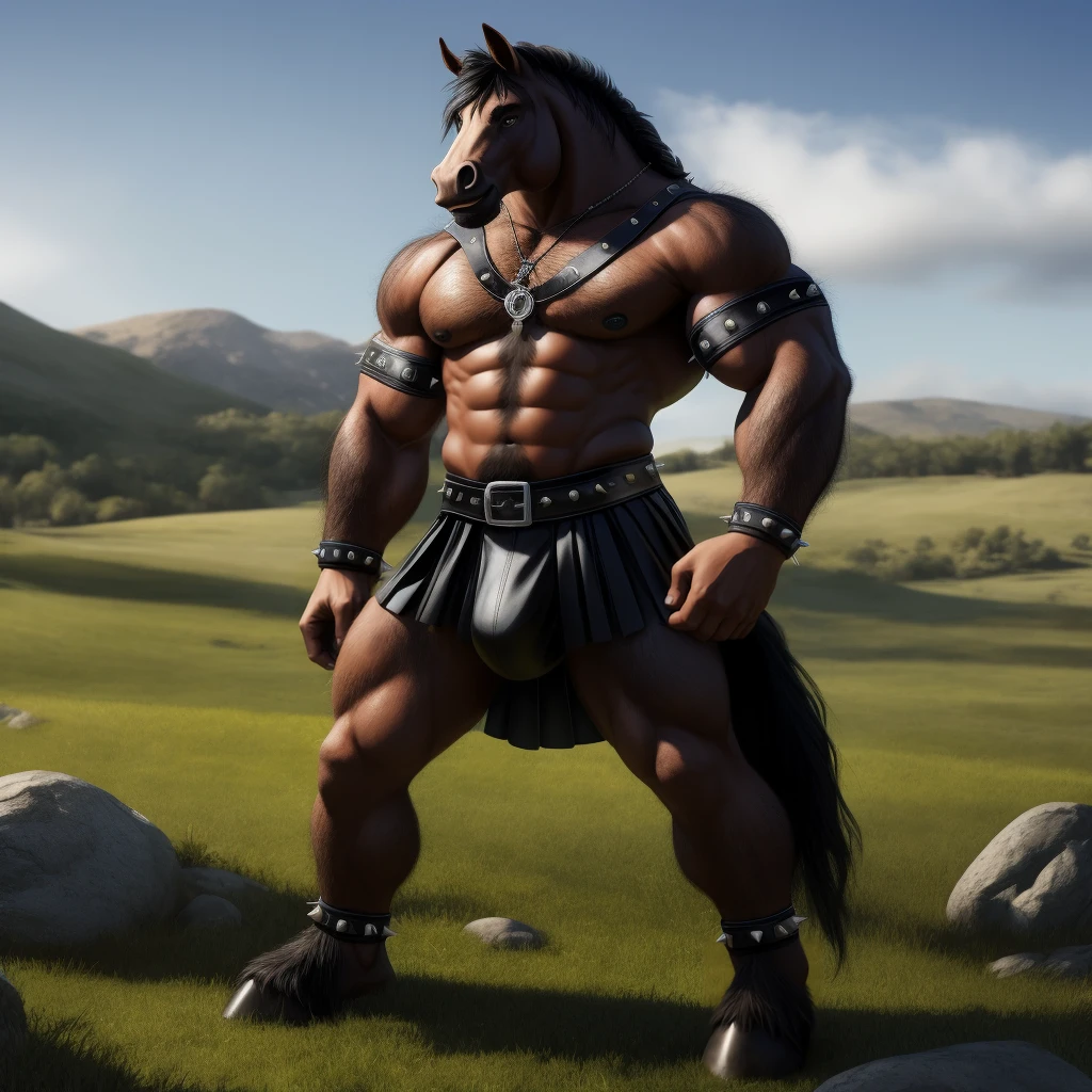 Furry, Antro, anthropomorphic, Solo, Horse, Equinene, loong horse tail, (furry Brown Dark), tribal tattoo arm, (Male Bulge), (Nose Ring), Conk, (Ring Noise), Narigon, (Aro en Nariz), (Piercing noise), Big Balls, Big Ass, Wearing a Black Leather Harness, Arnes Negro, Black bicep leather bracelet, Leather Buckle Armband, Gladiator Clothing, Skirt, black leather warrior skirt, thread thong, Black Belt, Spiked Collar, Spiked Wristbands, (Leather Bicep Arm Strap), man pendant, Spiked Anklet, Hooves, Hairy, Full Body, Braided Mane, Hairy Torso, Seen Standing, Upright Standing Pose, Blue Pupil Eyes, High Resolution, 4K Detailed, Good Lighting, Beautiful, Blue Sky Background with Green Grass Meadow, black hair, photorealistic, Furry