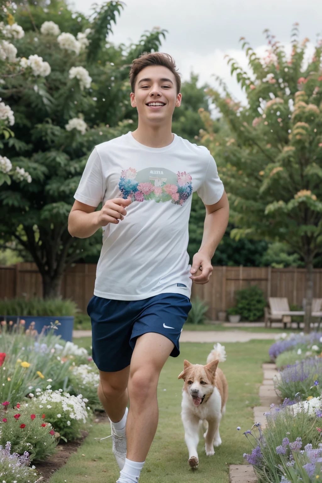 A young man running happily in a garden full of colorful flowers. The young man has a happy expression and is accompanied by a small white dog that runs beside him. The garden is full of flowers of various colors such as red, amarillo, azul, y rosa, and has a green grass background. El cielo es azul con algunas nubes blancas.
