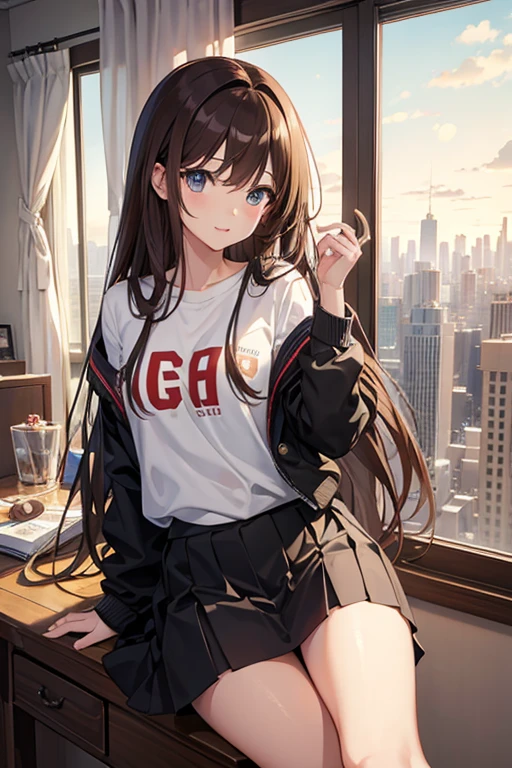 masterpiece, highest quality, High resolution,Anime Style、Brown Hair、Long Hair、mini skirt、Window、Overlooking the city