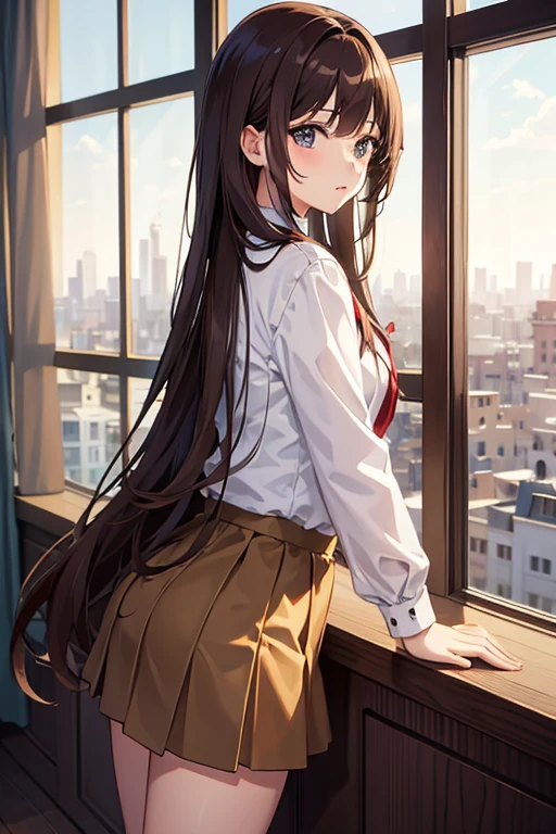 masterpiece, highest quality, High resolution，Anime Style、Brown Hair、Long Hair、mini skirt、Window、Overlooking the city