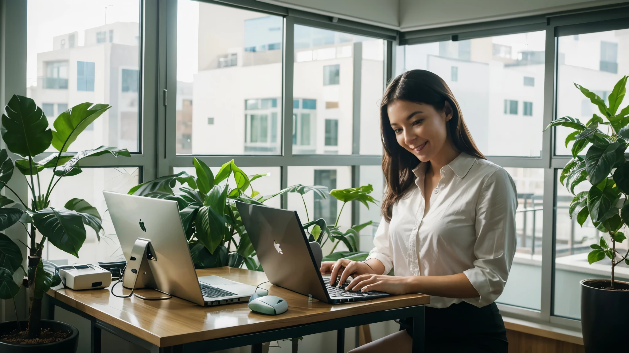 16:9 realistic photo, representing a happy business woman, , working on the computer on an ESG project in a modern glass-enclosed room with one plant making up the decor