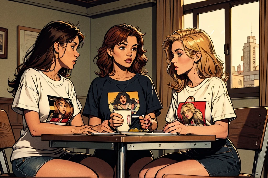 typical bright college dining hall:1.0,metal square tray:1.2, morning light, naughty girls:, chatting, gossip, modern fashion style, teenager appearance:1.2, sweatshirt|(t-shirt), blond|black-haired|red-haired, simple table, 