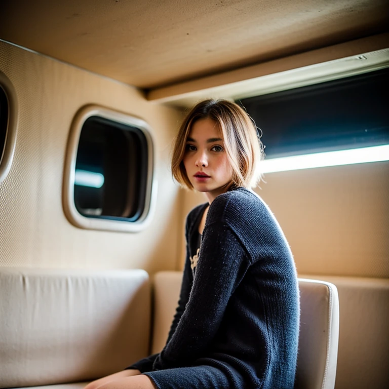 A young sexy blonde woman with short hair and warm clothes sits on a seat in a spaceship and the window can show beautiful stars