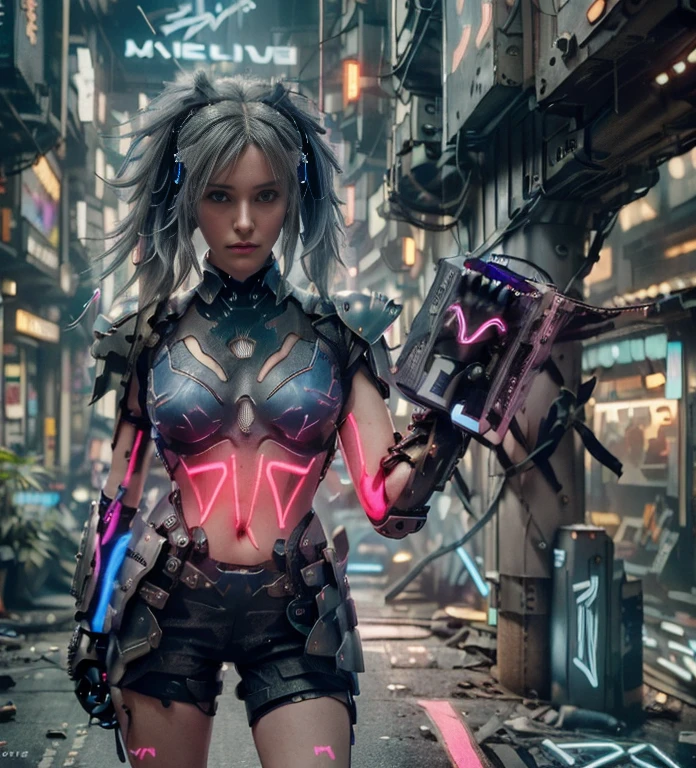 (Photorealistic:1.4) 1 beautiful girl, (((cyberpunk grey armour technological with blue neon decourations))), ((blonde straight hairs)), ultra beautiful cute, perfect, with a book that emits purple lightnings, 12k, UHD, PHOTOREALISTIC, ULTRA REALISTIC, raw photo, insane details, masterpiece, ((babe gorgeous the most beautiful in the world))