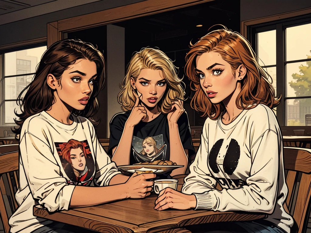 typical bright college dining hall:1.0,metal square tray:1.2, morning light, naughty girls:, chatting, gossip, modern fashion style, ager appearance:1.2, detailed lips and eyes, sweatshirt|(t-shirt), blond|black-haired|red-haired, simple table,