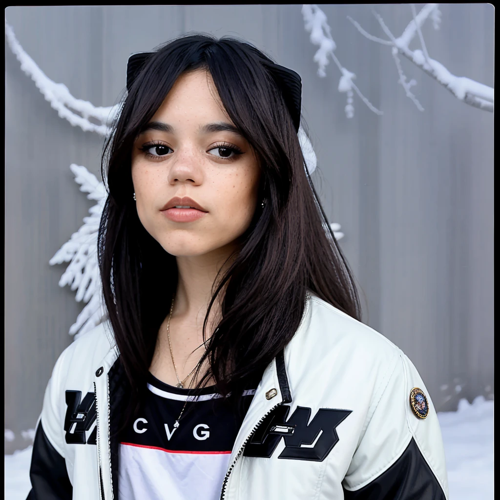 jenna orterga, jenna_ortega wearing motorcycle club jacket with puffer, slim, long hair, charly_jordan:0.6,
headshot, close-up, upper body, snowy background, early twenties, age:21, 21, portrait,