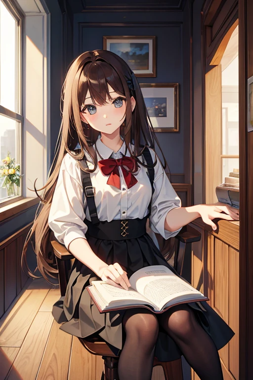 masterpiece, highest quality, High resolution,Anime Style、Brown Hair、Long Hair、mini skirt、Window、Reading