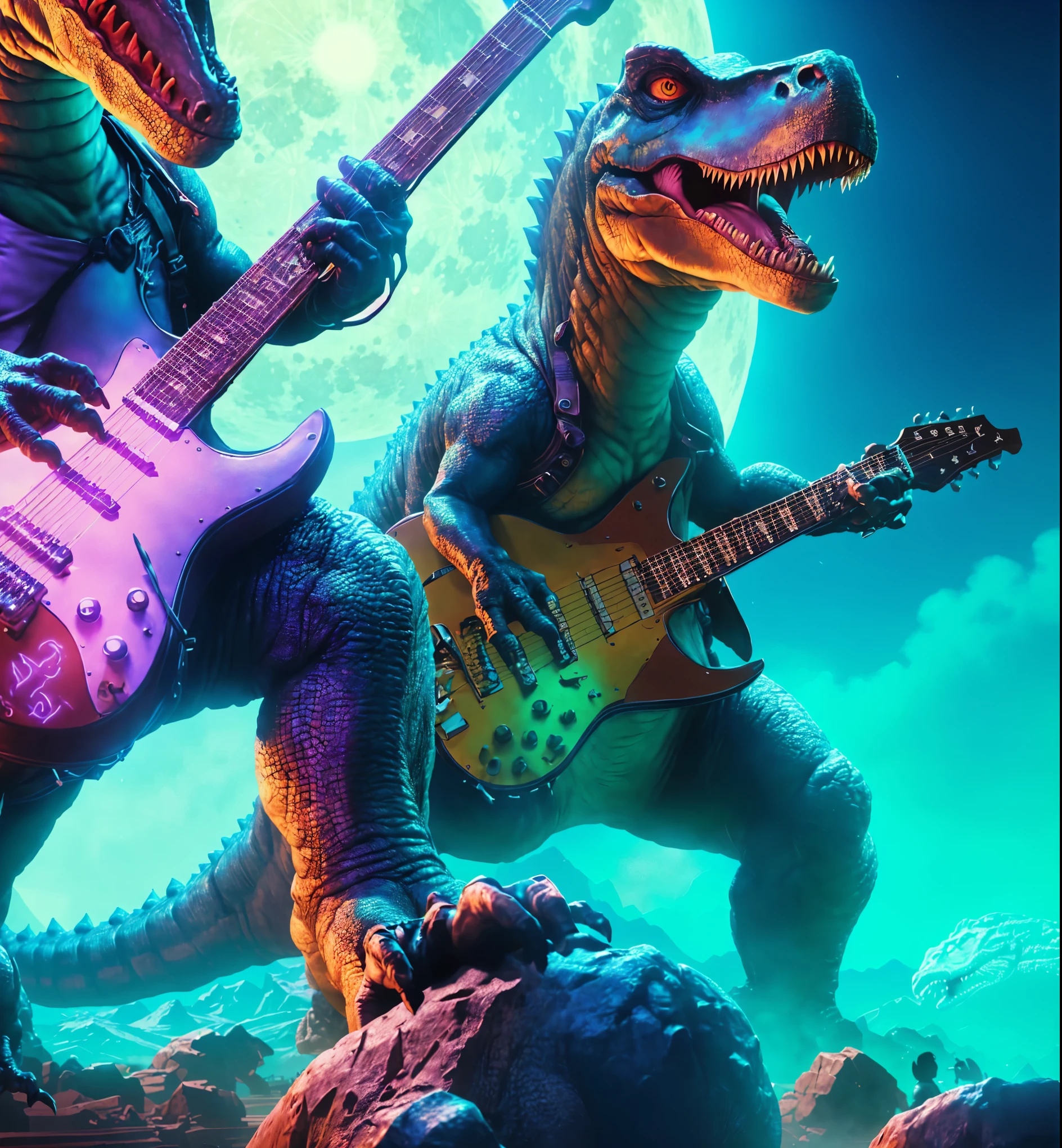 realismo extremothere are three dinosaurs playing guitar in front of a full moon, background artwork, by Wayne England, epic retrowave art, synthwave art, inspired by Adam Rex, by Randy Gallegos, dinosaurs, 3 d epic illustrations, jurassic image, synthwave art style, synthwave image, by Ignacio Zuloaga, rocking out, detailed game art illustration