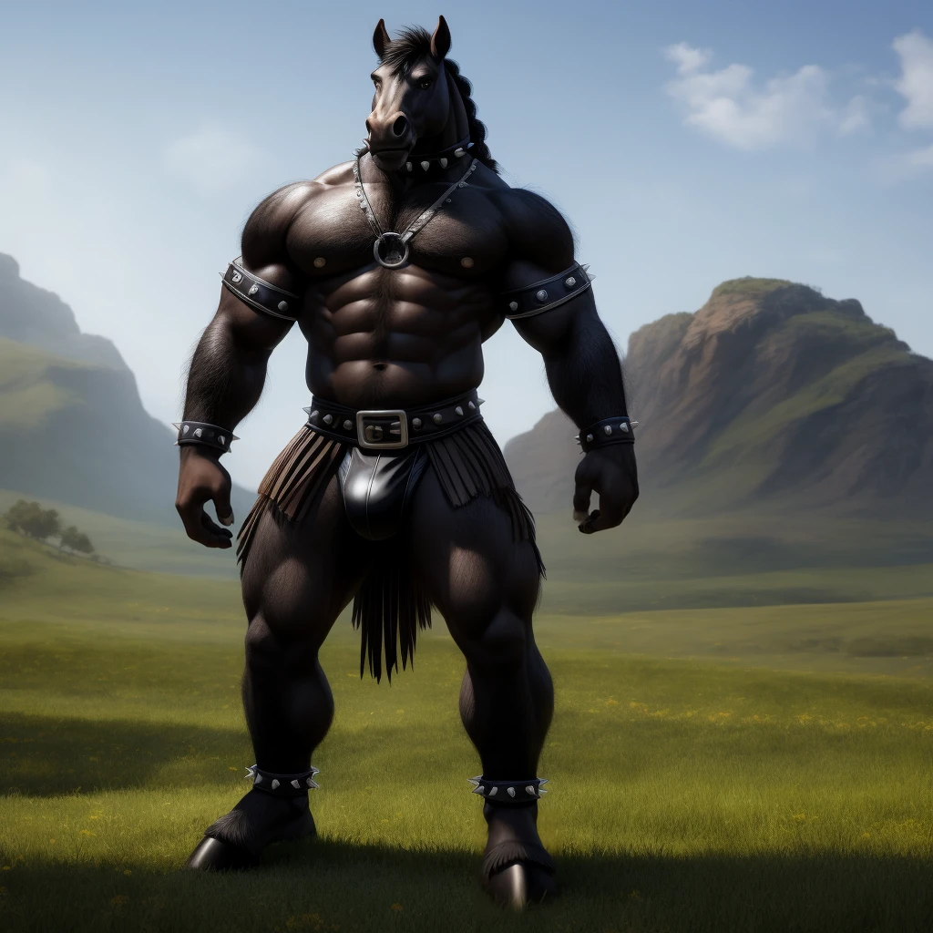 Furry, Antro, anthropomorphic, Solo, Horse, Equinene, loong horse tail, (furry Brown Dark), tribal tattoo arm, (Male Bulge), (Nose Ring), Conk, (Ring Noise), Narigon, (Aro en Nariz), (Piercing noise), Big Balls, Big Ass, Wearing a Black Leather Harness, Arnes Negro, Black bicep leather bracelet, Leather Buckle Armband, Gladiator Clothing, Leather fringe skirt, black leather warrior skirt, thread thong, Black Belt, Spiked Collar, Spiked Wristbands, (Leather Bicep Arm Strap), man pendant, Spiked Anklet, Hooves, Hairy, Full Body, Braided Mane, Hairy Torso, Seen Standing, Upright Standing Pose, Blue Pupil Eyes, High Resolution, 4K Detailed, Good Lighting, Beautiful, Blue Sky Background with Green Grass Meadow, black hair, photorealistic, Furry