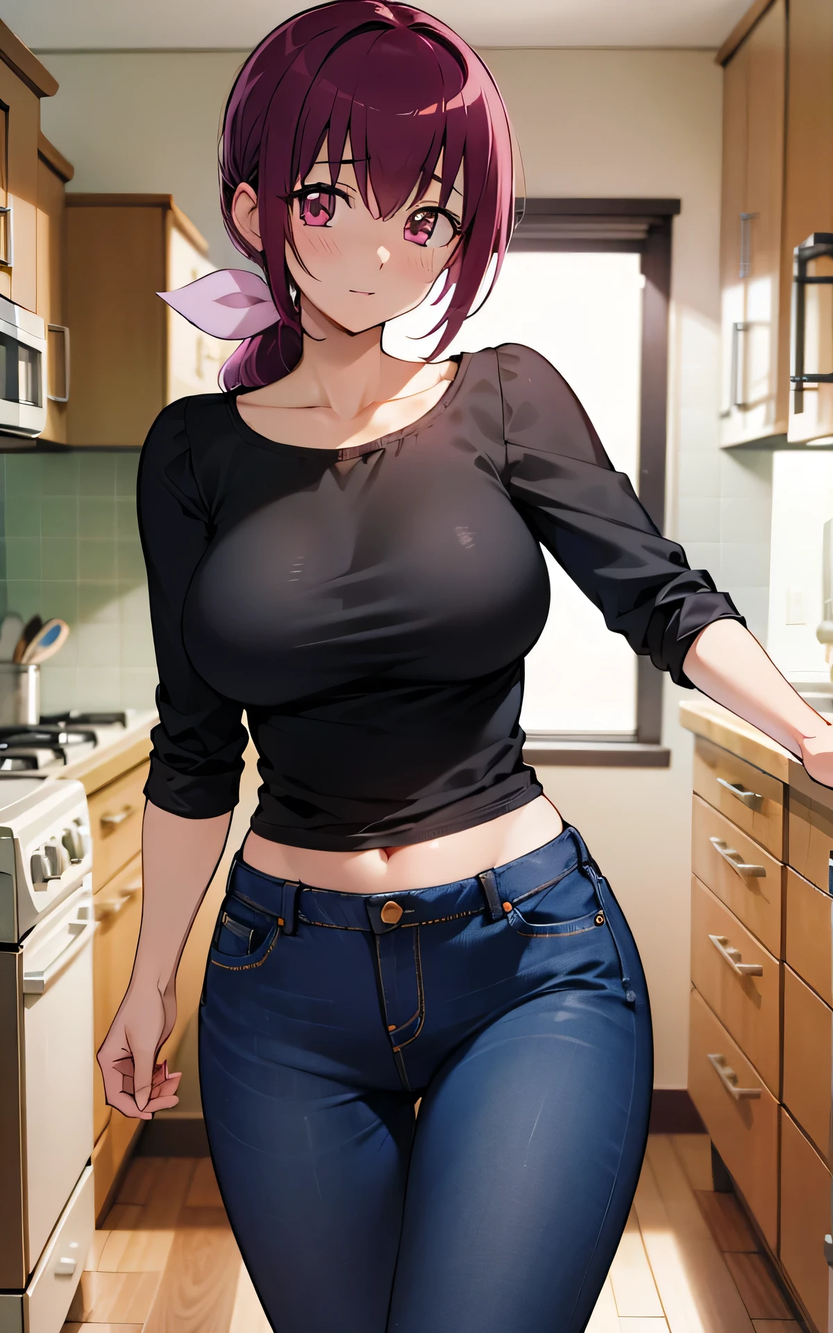 absurderes:2.0、 Unity 8K Wallpaper, Masterpiece, ,detailed hair, highly detailed, (, pink ribbon, loose t-shirt、Married woman、denim pants), (kitchen),
