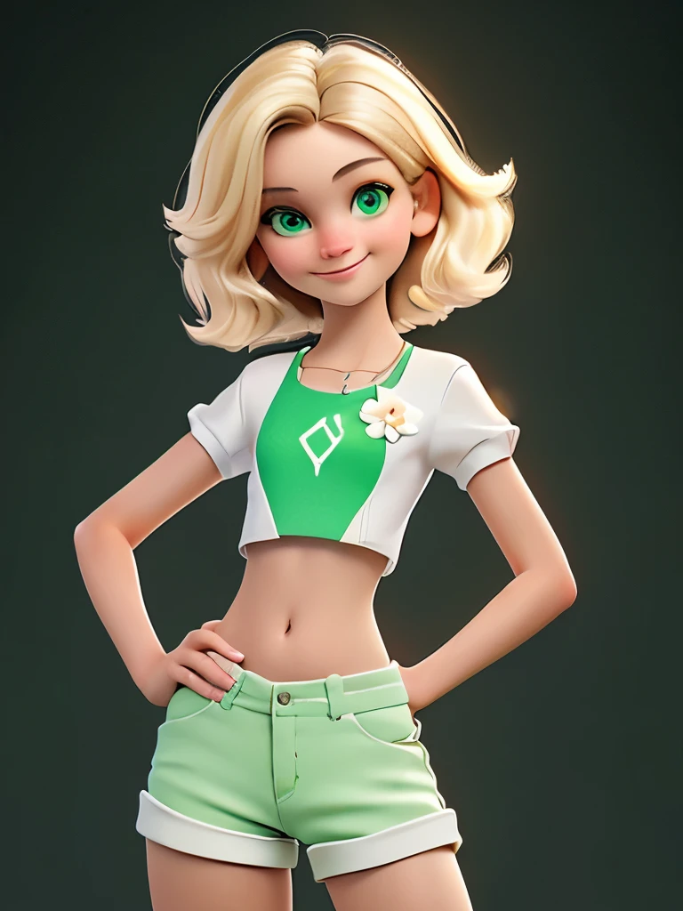 scent, Green Eyes, Clear smile,Baby er, Outdoor, Very short stature,Flat Chest,Very thin thighs,naked,White crop top, Bike Shorts,belly button,Open Fly,Your hair is short , blonde, whole body, The background is urban, Evokes a feeling of lightness and well-being. On hen bottel