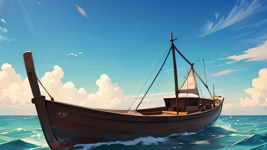 small boat for a single fisherman dressed in old brown clothes in the middle of a sea clear and blue skies, with detailed clouds, gentle and calm sea and the illuminated and calm sky