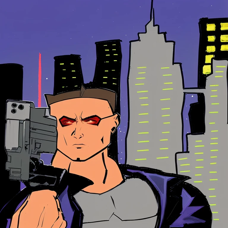 cartoon of a man with a gun in front of a city, cyberpunk hero, drawn in a neo - noir style, inspired by Joe Jusko art, cyberpunk dude, cyberpunk street goon, muscular! cyberpunk, cyberpunk illustration, cyberpunk comic cover art, in cyberpunk city, at an cyberpunk city, at a cyberpunk city,painting inspired by simon bisley,,inspired by the art of Joe Jusko,