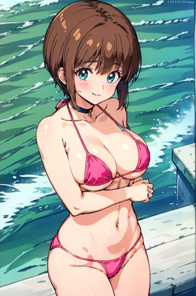 (masterpiece, best quality:1.2), 1girl, hiyama hilaru, large breasts, choker, pink micro bikini, ocean, blush, timid smile