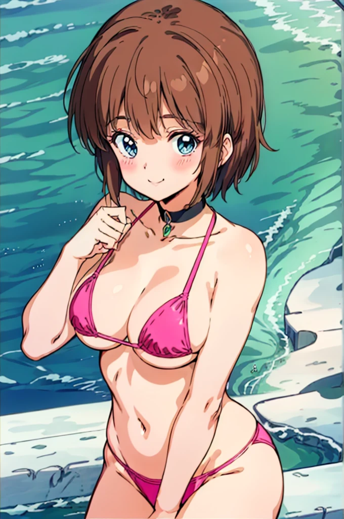 (masterpiece, best quality:1.2), 1girl, hiyama hilaru, large breasts, choker, pink micro bikini, ocean, blush, timid smile