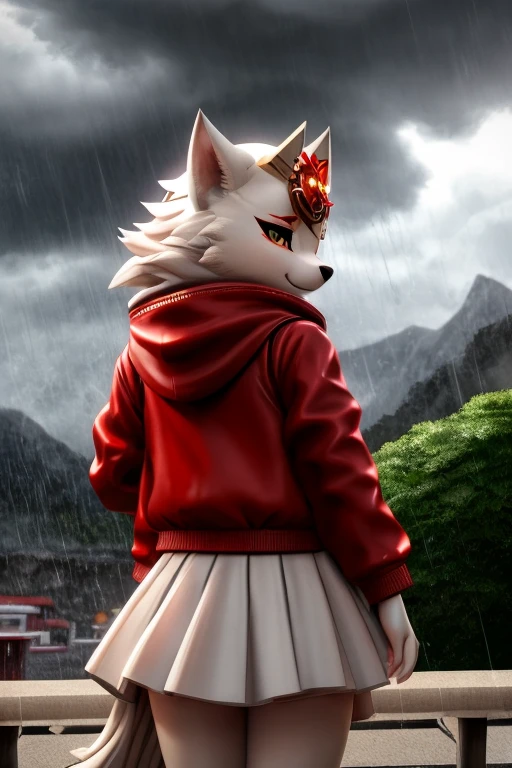 Okami Amanterasu diosa del sol furry, con una chaquetas impermeables roja, looking at the rain as the drops fall from his head and pass over his body in a small park while it rains, cloudy with a nice view of the mountains in the background, beautiful and cute furry, HD 3D 4k
