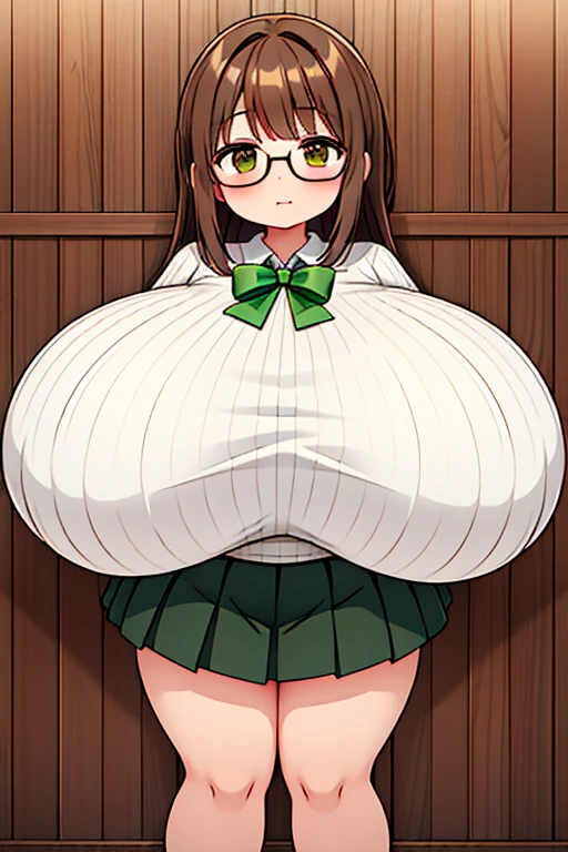 A Cute Young Girl, with (Lush, Medium Length Hair), ((Dark-Brown Hair)), (Big Beautiful Brown Eyes), Absolutely Enormous Breasts, Thick Thighs, and is Extremely Plump. Wearing an ((Off-white sweater)), a ((Cute Green Pleated Skirt)), and (Black Square Glasses, with a Thick Frames). Inside a Modern House, with wood paneling on the walls. Extremely Overinflated Breasts,