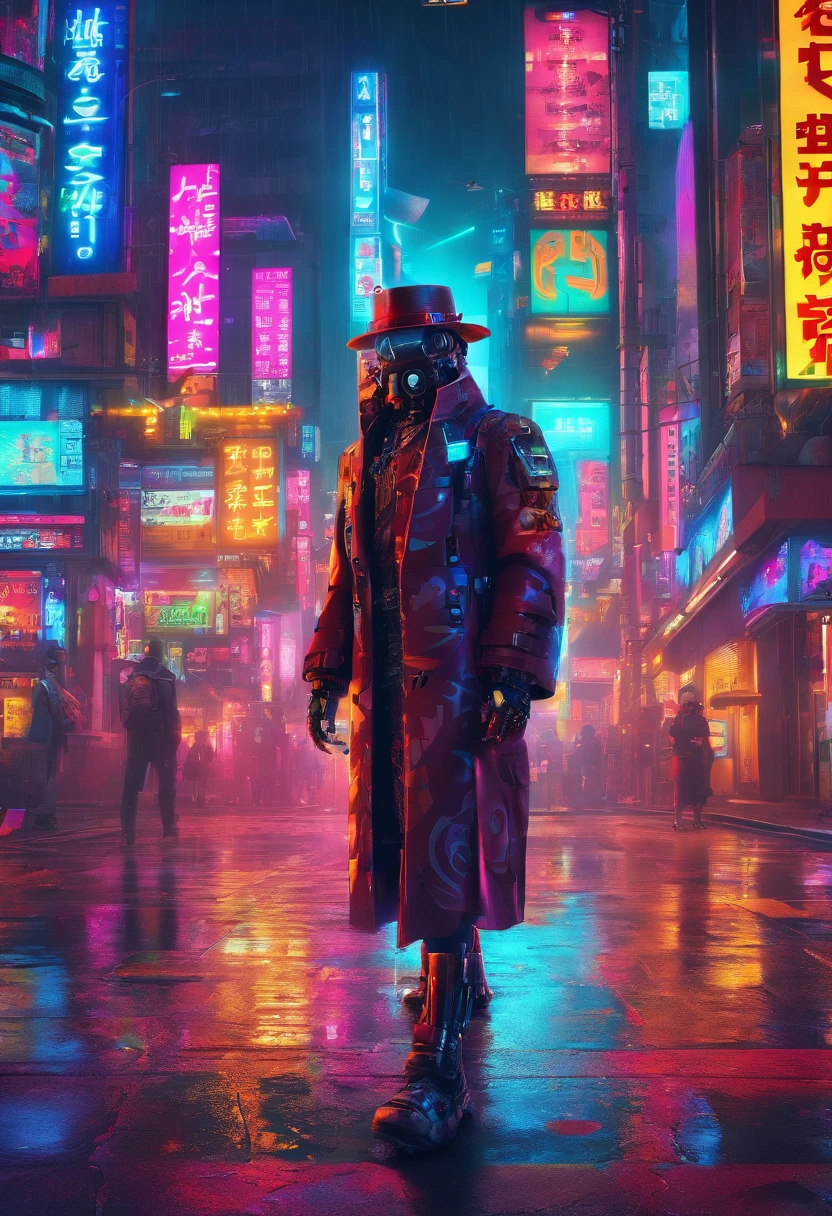 Robotic man with hat walking around futuristic japan, best quality, solo, masterpiece, steampunk, cyberpunk, colorful neon city light, colorful trees, colorful flowers, psychedelic image, smoky scenery, rainy weather, city lights, city signs
