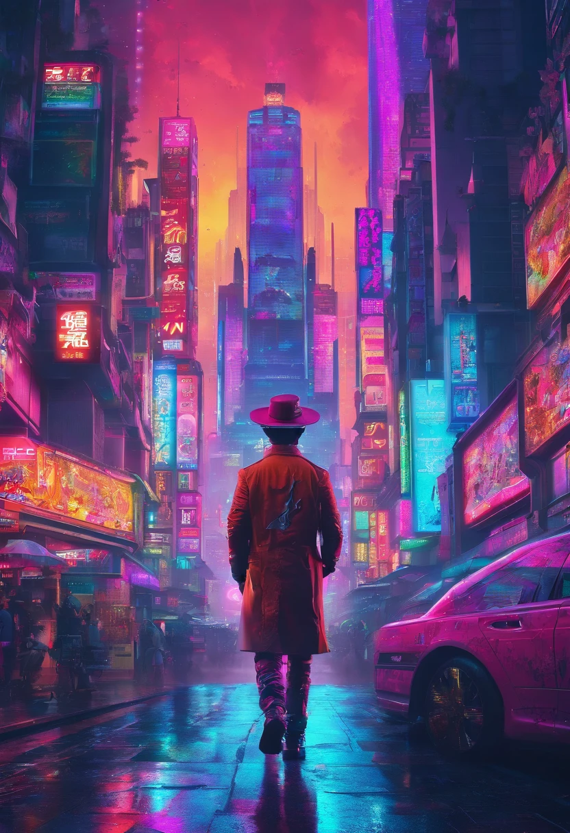 Robotic man with hat walking around futuristic japan, best quality, solo, masterpiece,  steampunk, cyberpunk, colorful neon city light, colorful trees, colorful flowers, psychedelic image, smoky scenery, rainy weather, city lights, city signs