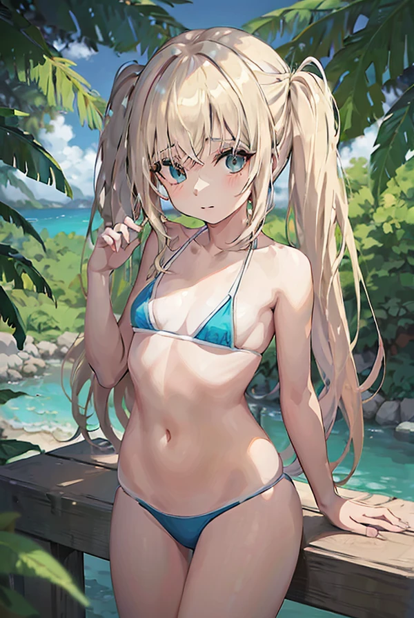 Menina anime in a bikini posing on a dock by the water, seductive Menina anime, em uma praia tropical, arte inicial anime , na praia, Guweiz, blonde Menina anime with long hair, Na praia, (Menina anime), visual de anime de uma linda garota, cute  anime, , em uma praia, beautiful  anime